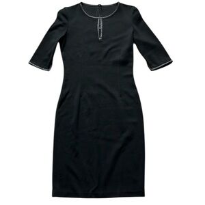 ST.‎ JOHN Leather Trim Milano Knit Wool Black Half Sleeve Sheath Dress Women’s 2